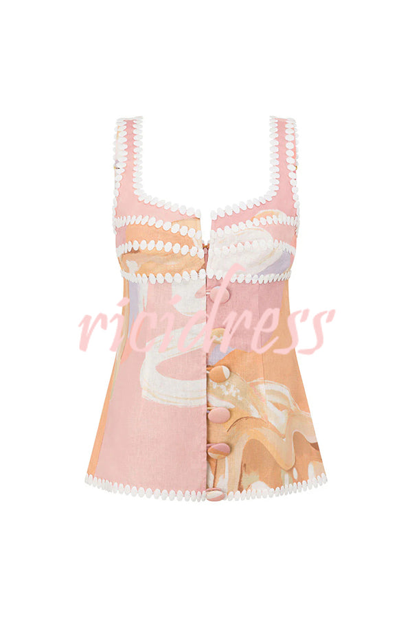 European Summer Linen Blend Ric Rac Trims Unique Print Button Tank