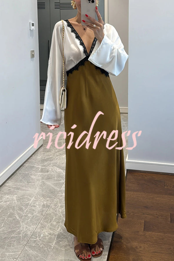 Lainei Contrast Color Satin Lace Trim V-neck Long Sleeve Maxi Dress