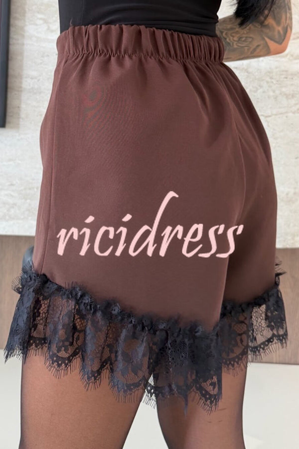 Amazing Items Lace Trim High Rise Elastic Waist Loose Mini Shorts