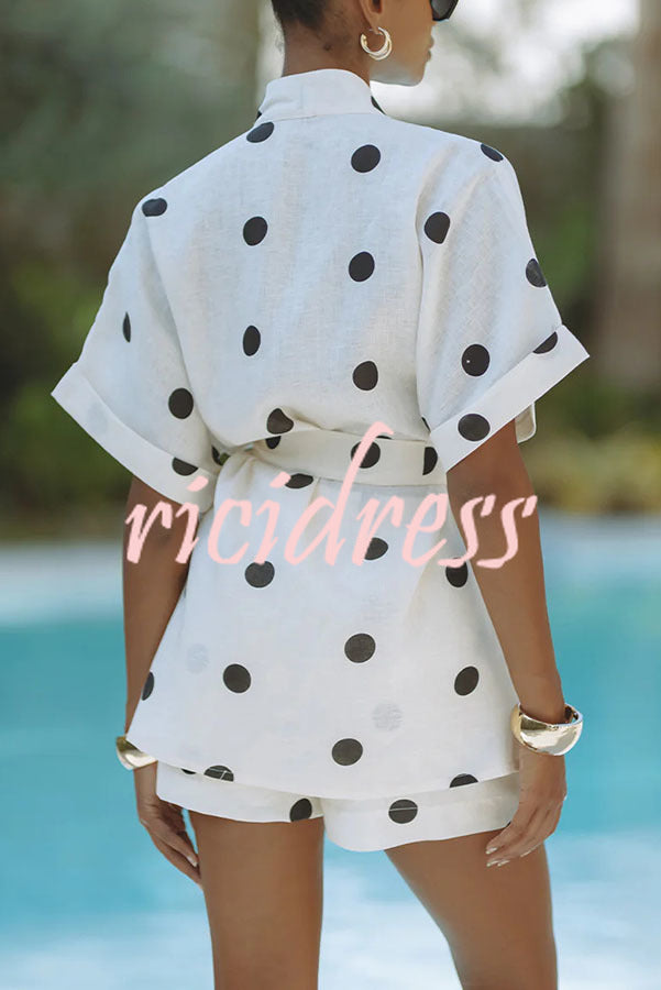 Playful Linen Blend Polka Dot Tie-up Kimono Top and Elastic Waist Pocket Shorts Set
