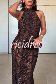 Twilight Gleam Sequin Textured Tulle Hem Halter Backless Maxi Dress
