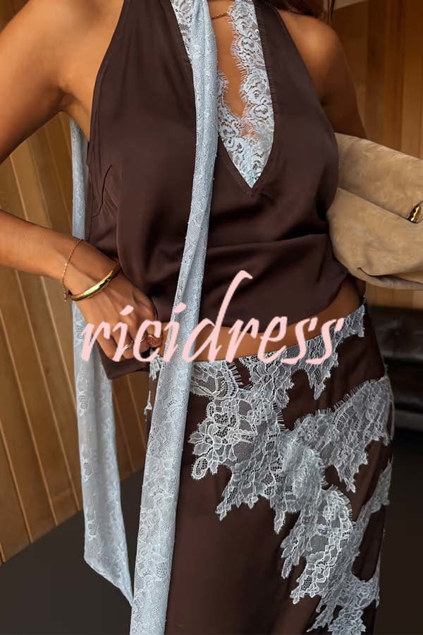 Sunday Social Contrast Color Satin Lace Trim Mid Rise Maxi Skirt
