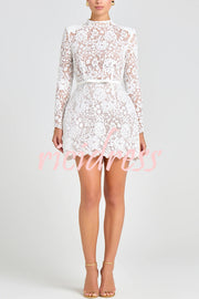 Champagne Toast Flower Lace Long Sleeve Bow Belted Mini Dress