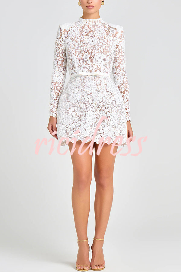 Champagne Toast Flower Lace Long Sleeve Bow Belted Mini Dress