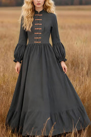 Linen Blend Vintage Long-sleeved Casual Holiday Maxi Dress