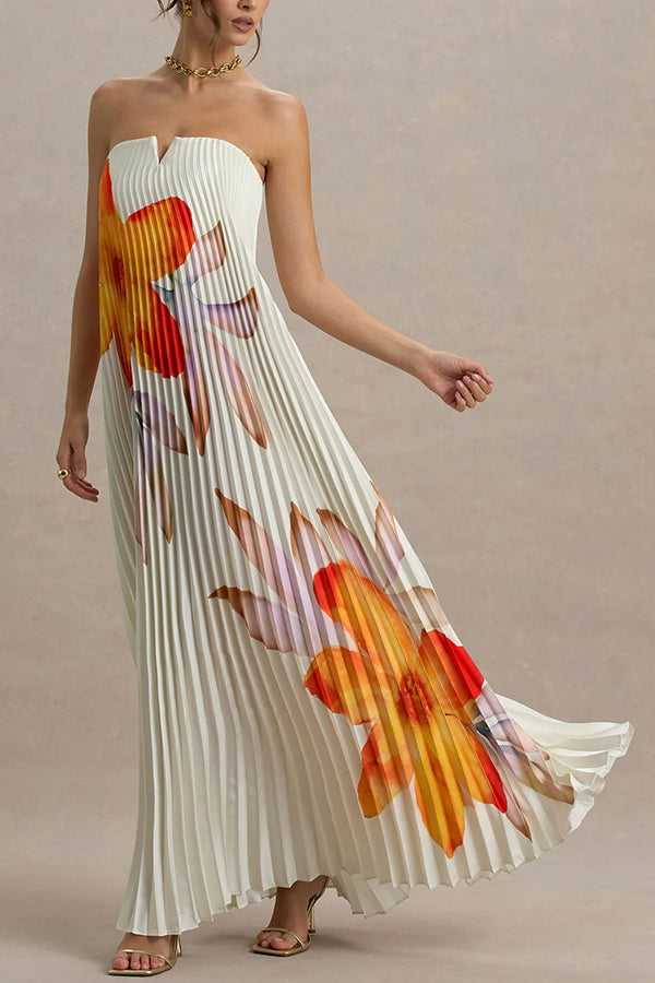 For Every Occasion Satin Pleated Floral Print V-wire Bandeau Neck Maxi Dress