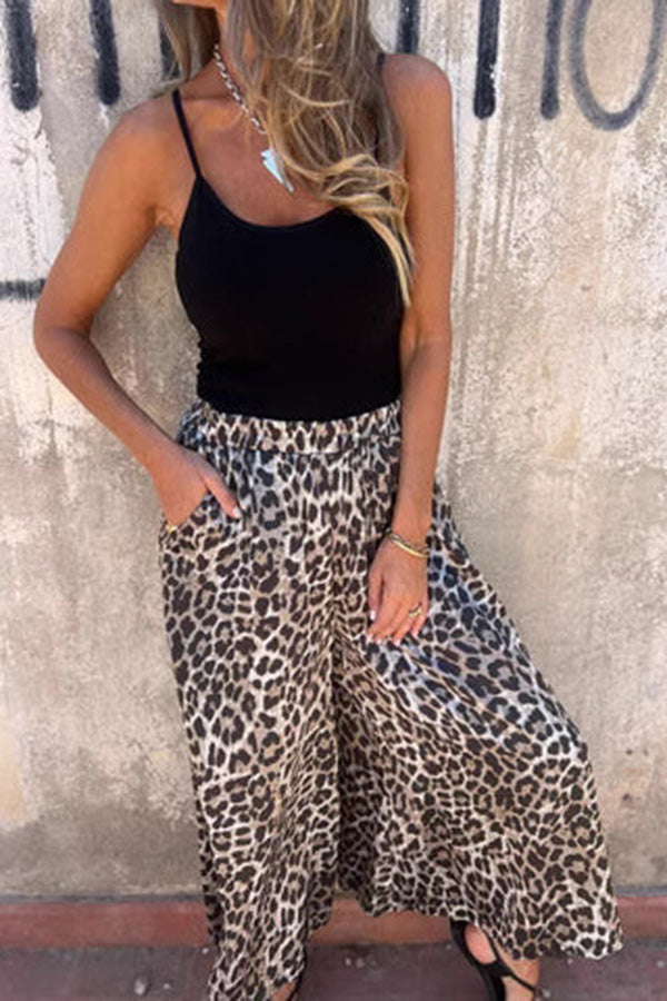 Leopard Print Elastic Waist Loose Pocket Wide Leg Pants