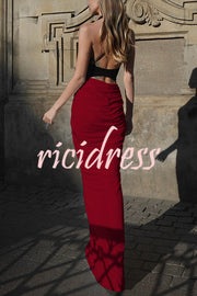 Fashionable Contrast Color Open Back Side Pleated Draped Maxi Dress