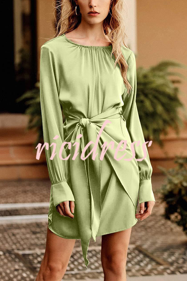 Satin Round Neck Long Sleeve Elastic Tie Mini Dress