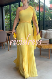 Kate Pleated One Shoulder Drape Sleeve Twist Waist Maxi Dress