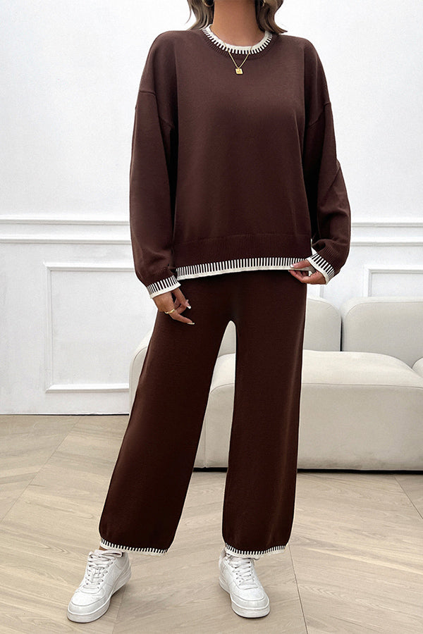 Home Casual Contrasting Color Knitted Sweater and Elastic Waist Loose Pants Set