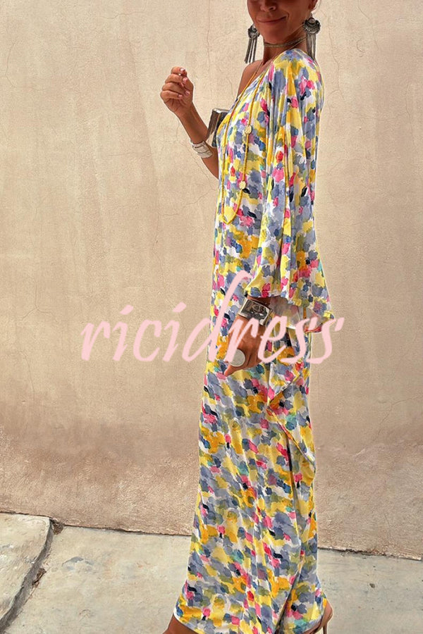 Indio Watercolor Print One Shoulder Drape Sleeve Maxi Dress