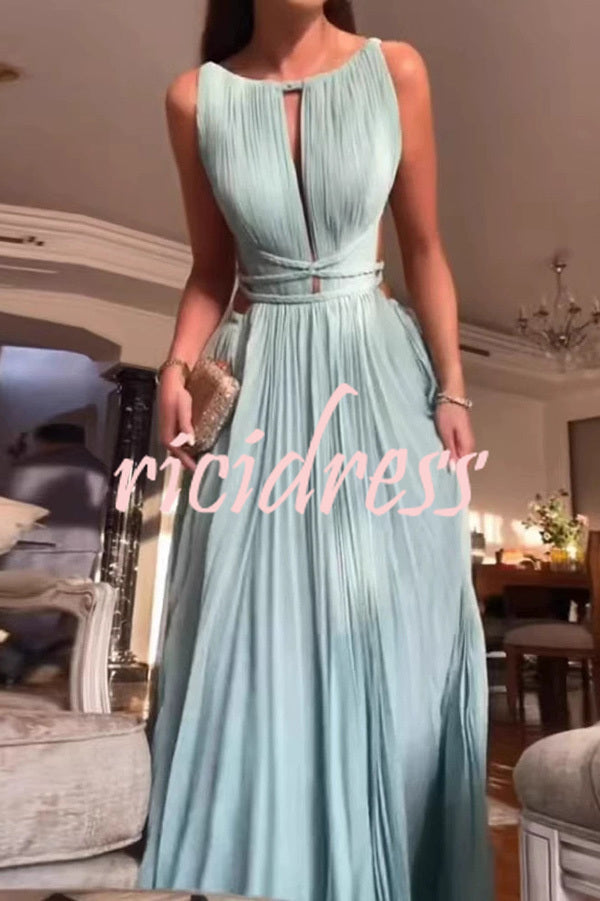 Sexy Sleeveless Open Back Cord Pleated Maxi Dress