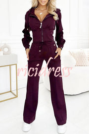 Solid Color Hooded Zip-up Jacket and Elastic Waist Pocket Wide-leg Pants Set