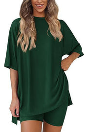 Solid Color Loose Short-sleeved Top and Stretch Casual Shorts Set