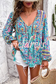 Intricate Floral Print V Neck Lace Up Paneled Long Sleeve Shirt