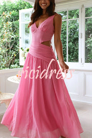 Solid Color V-neck Waist Hollow Slim Maxi Dress