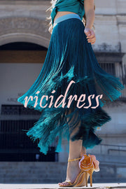 Elegant Tassel Hem Elastic Waist Casual Maxi Skirt