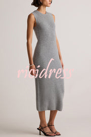 Soft and Warm Cashmere Ribbed Knit Sleeveless Midi Sweater Dress