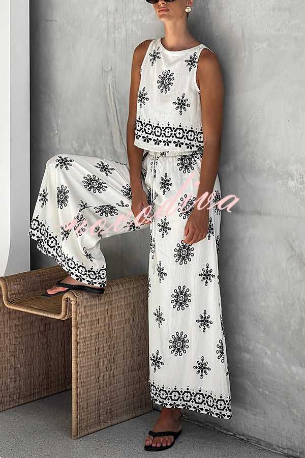 Unique Printed Round Neck Sleeveless Button Top and Elastic Waist Pocket Wide Leg Pants Set