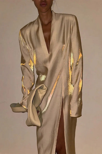 Solid Color Glossy V-neck Long Sleeve Casual Slit Maxi Dress