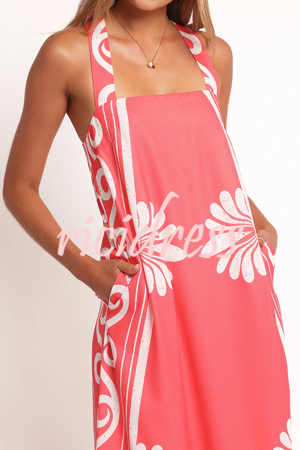 Unique Print Square Neck Open Back Tie Bow Holiday Maxi Dress