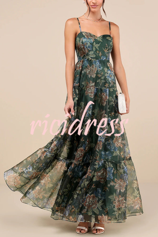 Exclusive Glamour Organza Floral Print Tiered Slip Maxi Dress