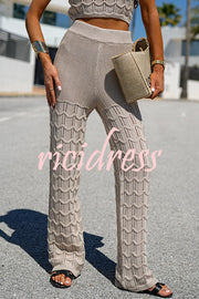 Solid Color Hollow Sleeveless Round Neck Knitted Vest and Stretch Casual Straight Pants Set
