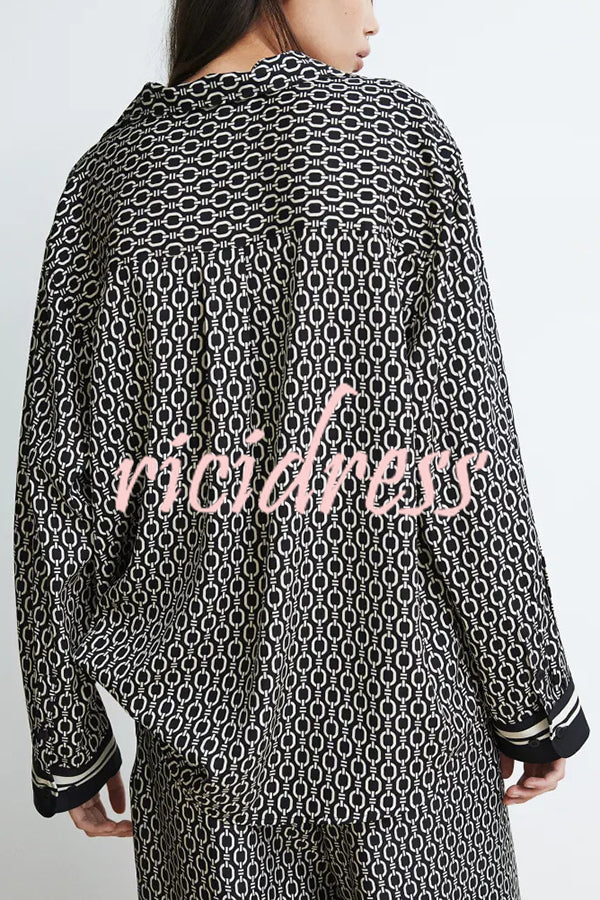 Unique Print Lapel Long Sleeve Loose Shirt and Elastic Waist Casual Pocket Wide Leg Pants Set