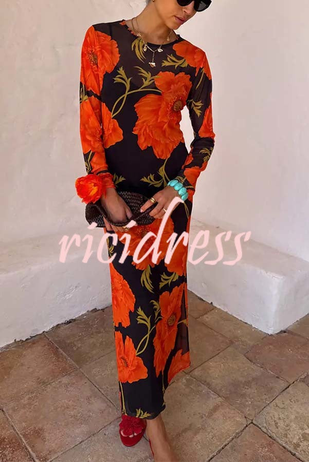 Perfect Cross-season Mesh Poppy Flower Print Long Sleeve Stretch Maxi Dress