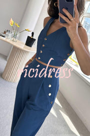 Stylish Button-up Vest and Pocket Straight-leg Pants Set