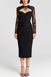 Mylene Lace Corset Cut Sweetheart Tie-up Neck Sheer Long Sleeve Slit Midi Dress