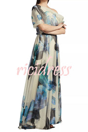 Unique Printed Bohemian Short-sleeved One-shoulder Maxi Dress