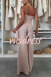 Elegant Solid Color Asymmetric Ruffles Bandeau Top and High Waist Wide Leg Pants Set