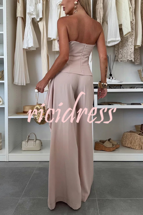 Elegant Solid Color Asymmetric Ruffles Bandeau Top and High Waist Wide Leg Pants Set