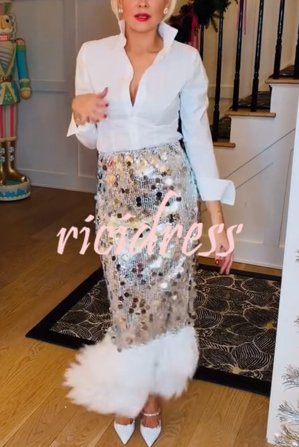 Playful Sparkling Large Sequin Faux Fur Tassel Hem Elastic Waist Maxi Skirt