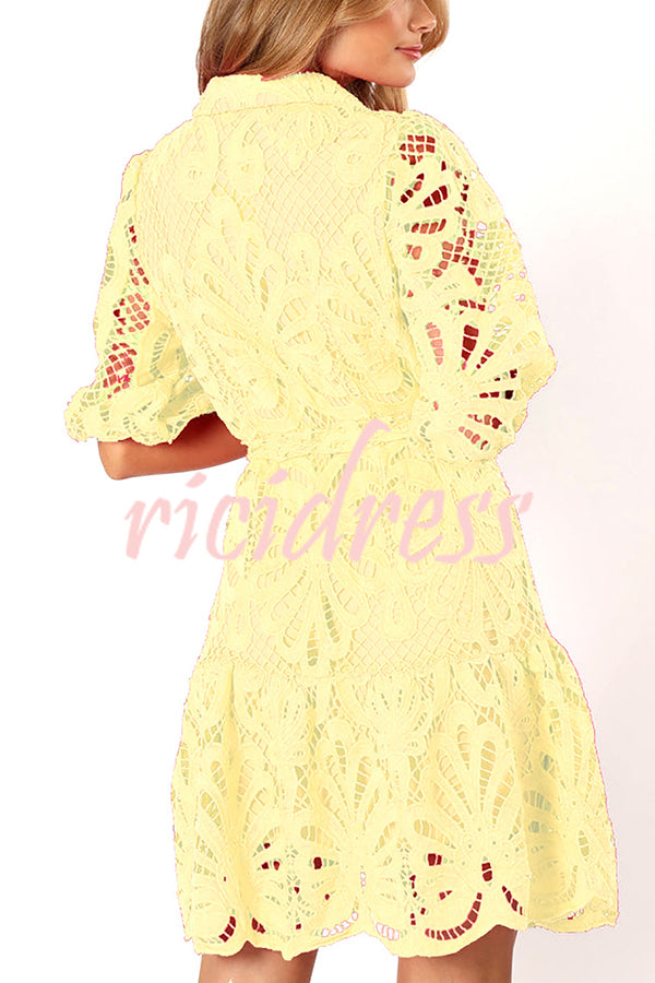 Solid Color Lace Cutout Balloon Sleeves and Waist Tie Mini Dress