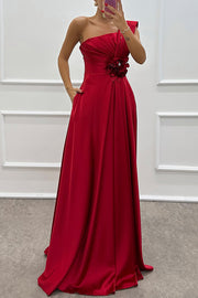 Nasha Satin Pleated One Shoulder Petal Gemstone Detail Pocket Slit Maxi Dress