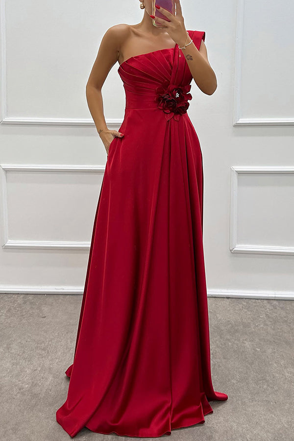 Nasha Satin Pleated One Shoulder Petal Gemstone Detail Pocket Slit Maxi Dress