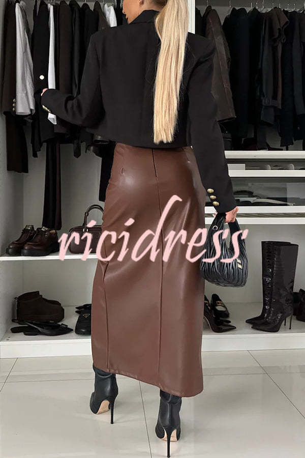 Excellent Partner Faux Leather High Rise Front Slit Stretch Midi Skirt