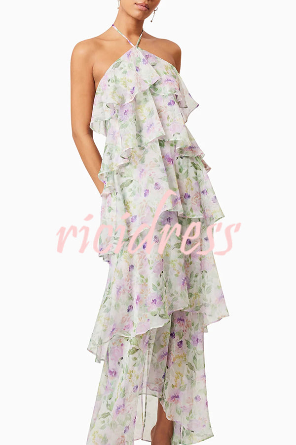 Cocktail Party Sheer Floral Georgette Halter Flowy Tiered Maxi Dress