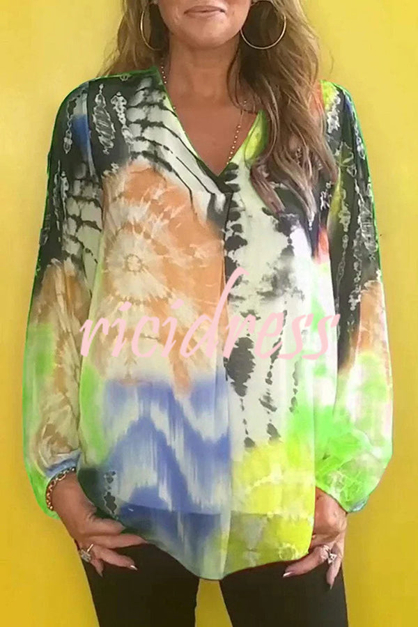 Fashionable Gradient Tie-dye V-neck Long-sleeved Casual Shirt