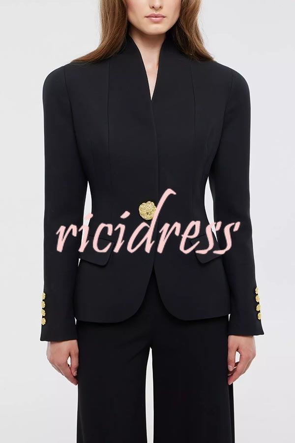 Classic Luxury Unique Metal Button Stand Collar Long Sleeve Blazer