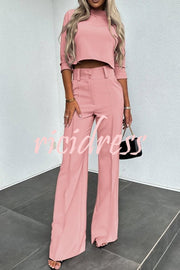 Luisa High Neck Half Sleeve Crop Top and High Rise Pocketed Flare Pants Set