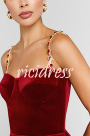 Harley Luxurious Velvet Fabric Jewel-embellished Shoulder Straps Pocket Tulip Mini Dress