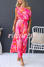 Satin Unique Print One Shoulder Tie Waist Slit Maxi Dress