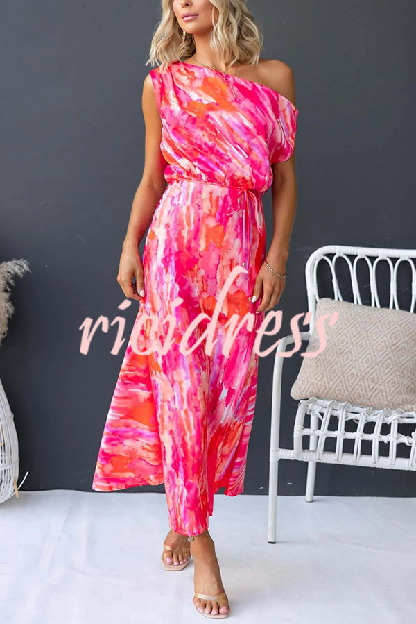 Satin Unique Print One Shoulder Tie Waist Slit Maxi Dress