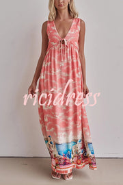 Resort Style Unique Printed Sleeveless V-neck Casual Maxi Dress