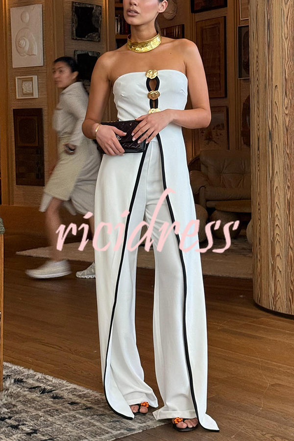 Fashionable Contrast Color Off-shoulder Metal Decoration Casual Elegant Jumpsuit