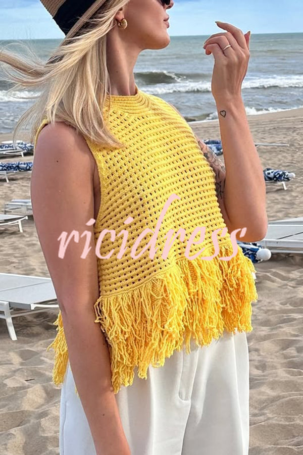 Solid Color Round Neck Sleeveless Hollow Tassel Loose Vest